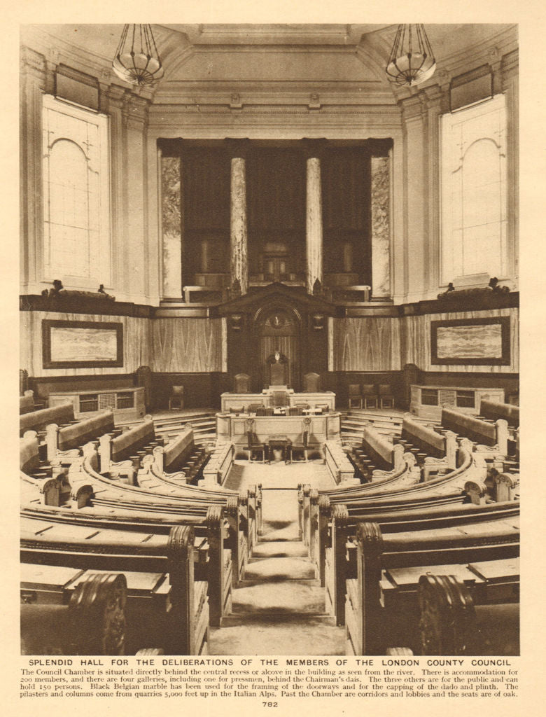 County Hall Council Chamber. London County Council. GLC 1926 old vintage print
